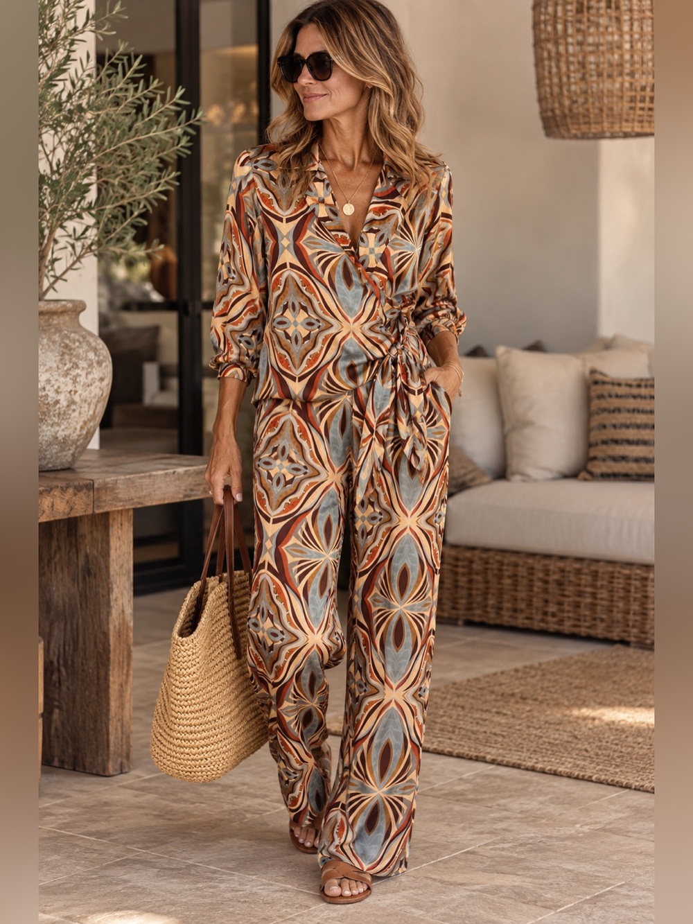 ZARA Retro Print Wrap Shirt & Tie Waist Pants Set.  New.